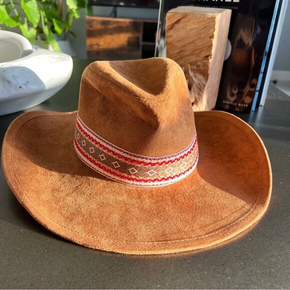 Tan Suede Wide-Brim Hat with Patterned Boho Band - Picture 7 of 7